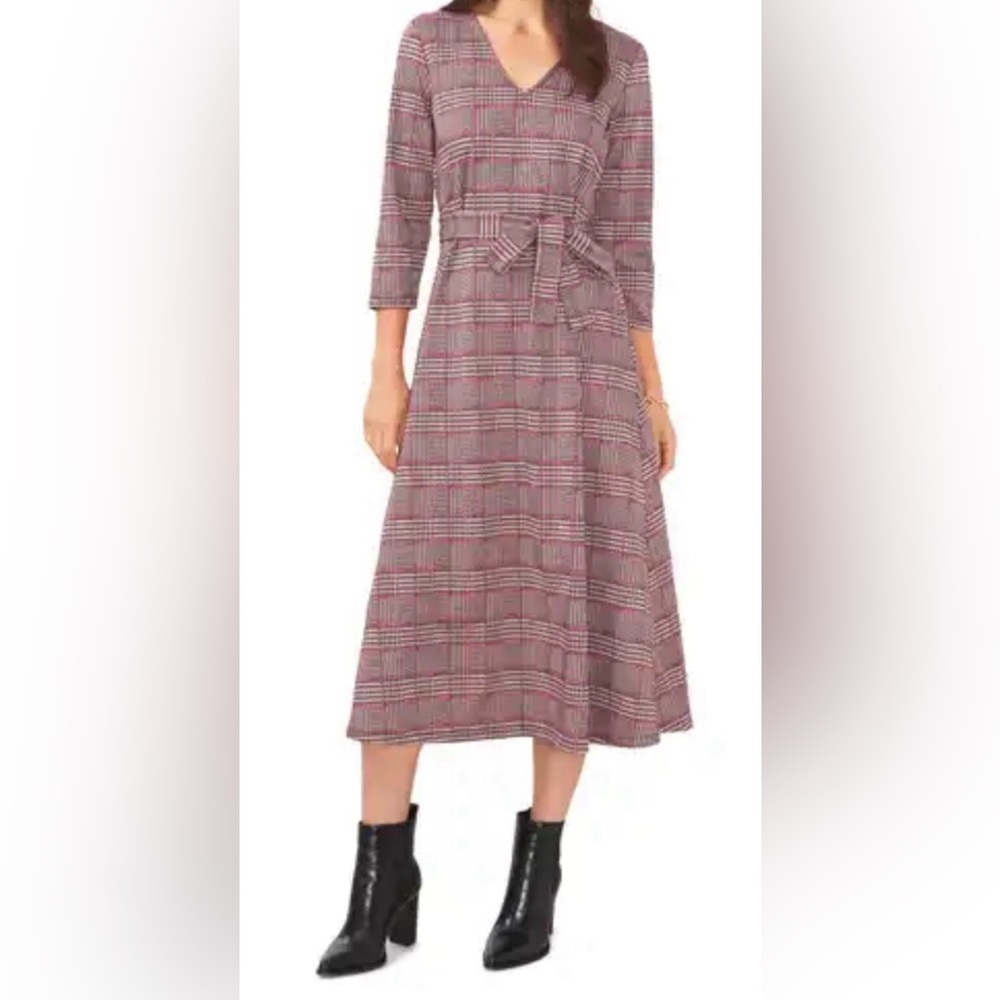 CHAUS New York medium maxi style multi print dress with waist tie v neck L 46”